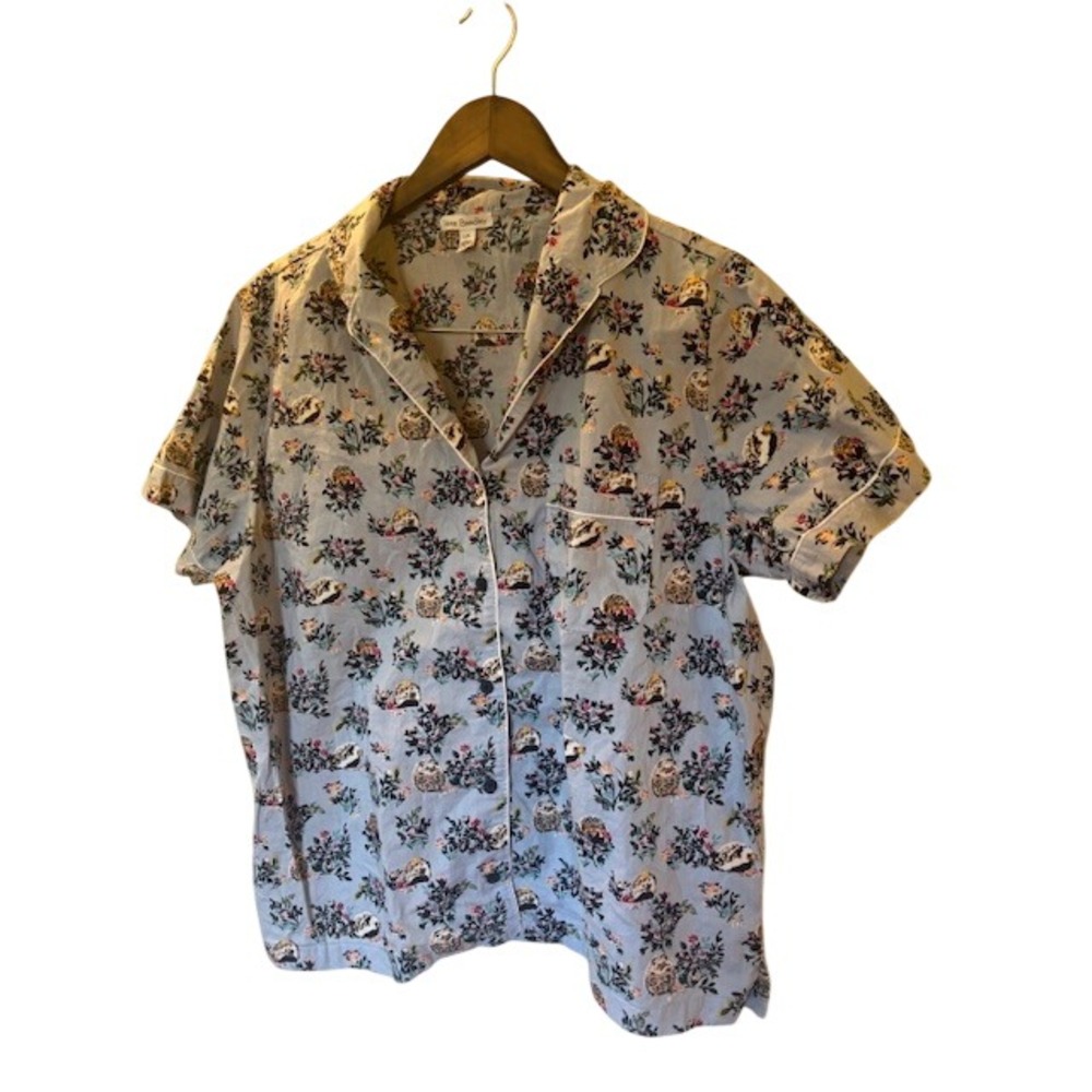 Vera Bradley Hedgehog Floral Pajama Top Blue Cotton Button Front Short Sleeve L
